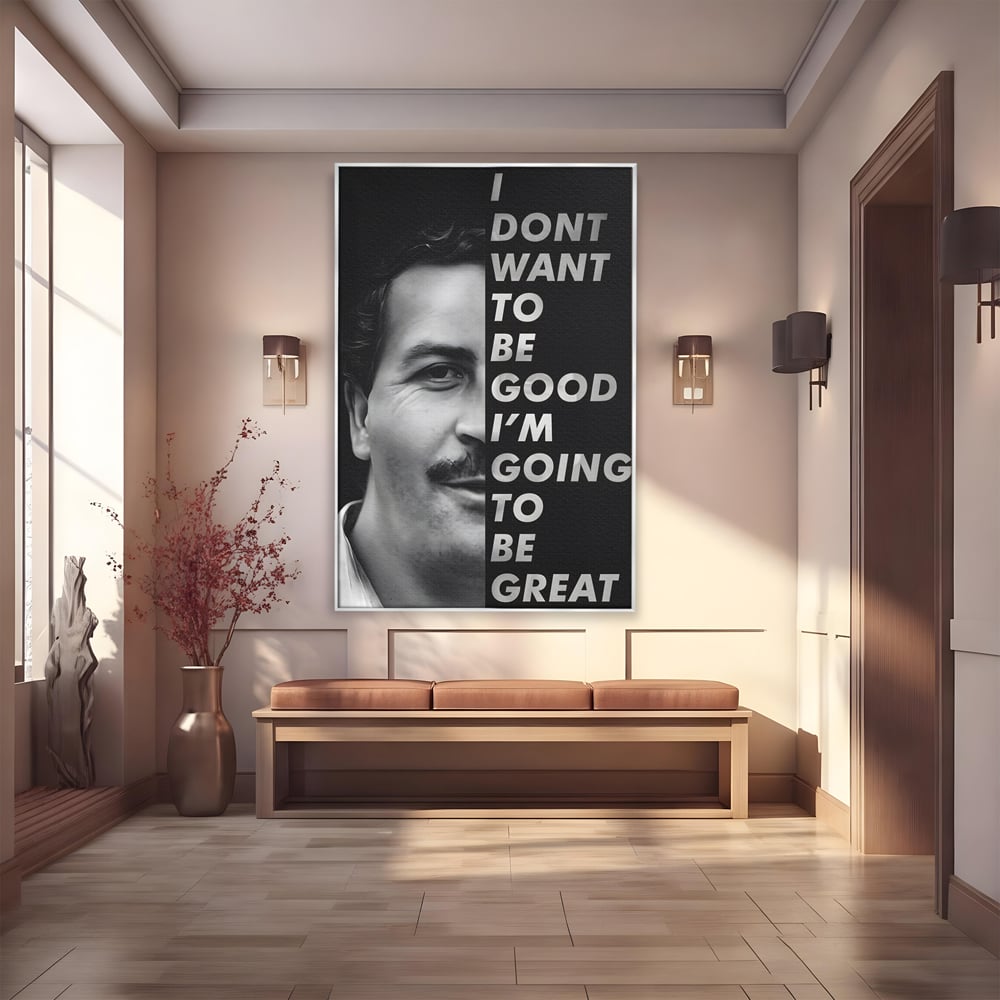 Tablou canvas cu tablou canvas cu portretul lui pablo escobar, in rama de aluminiu argintiu